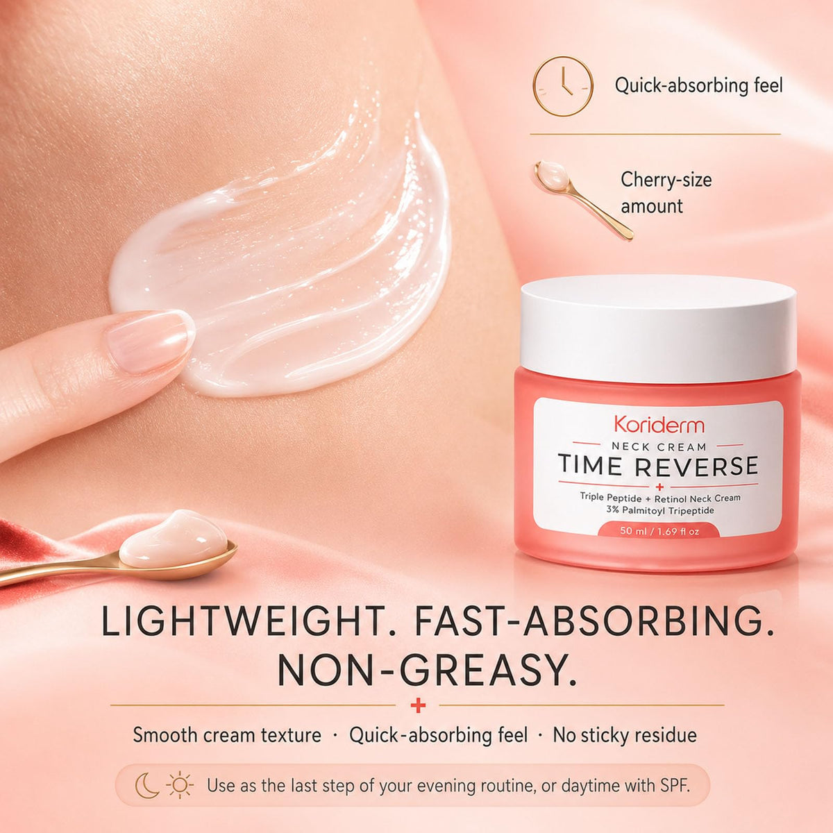 KORIDERM applied to model neck demonstrating easy spread and smoothing benefit