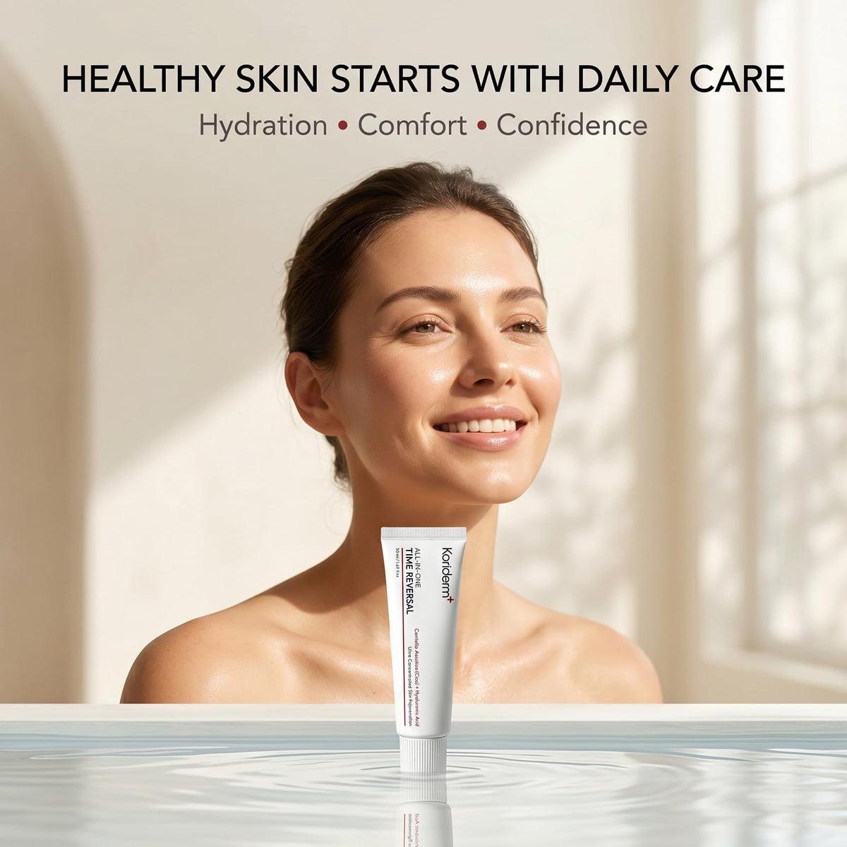 Koriderm Time Reverse Cream under makeup demonstrating lightweight daytime base