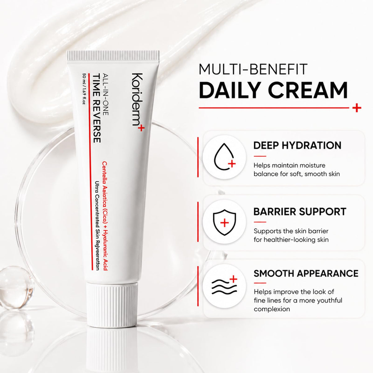 KORIDERM open jar texture showing lightweight cream for fast absorption benefit