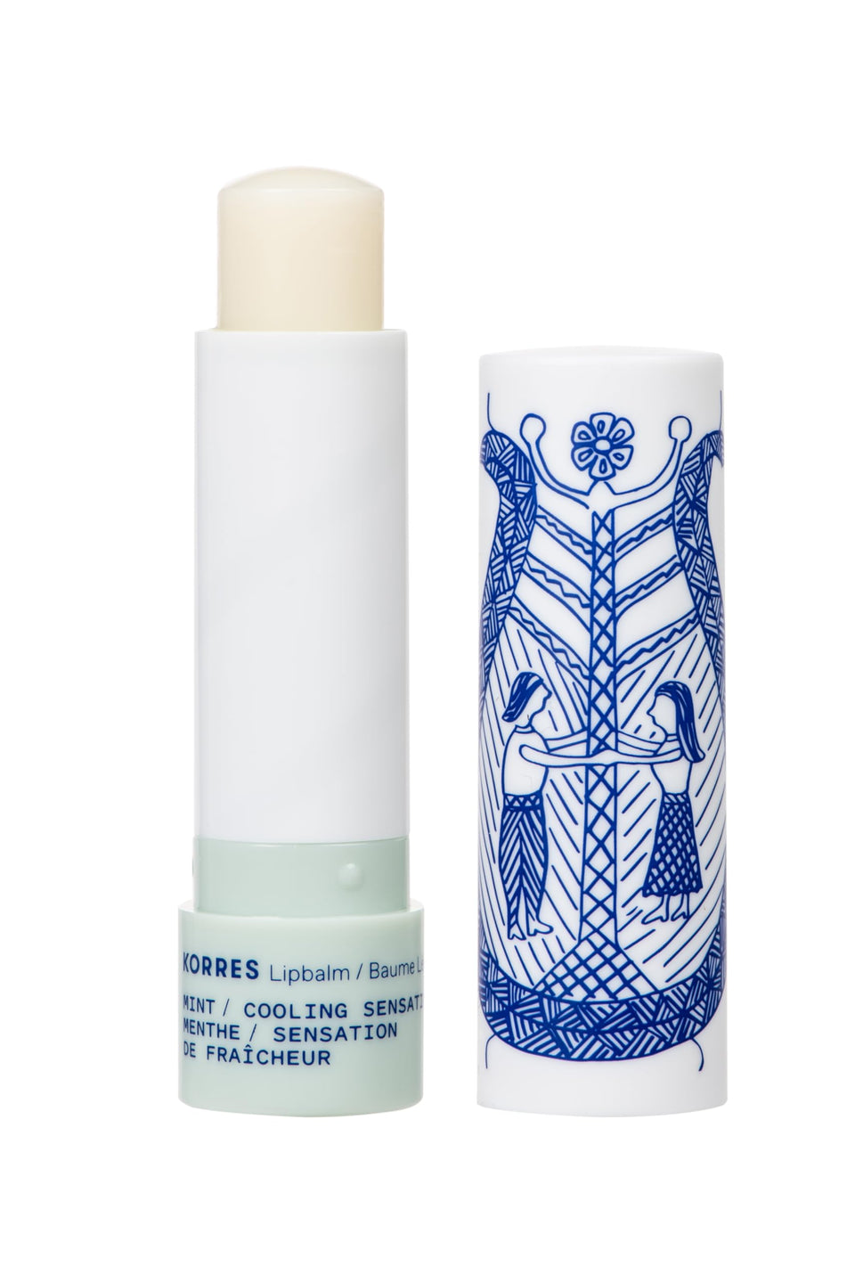 KORRES front packaging of balsam lip butter showing compact travel-friendly tube and clear mint benefit