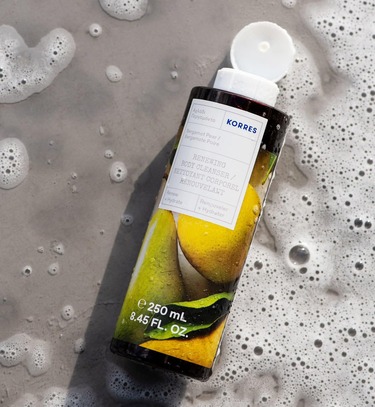 KORRES close-up of gel-to-foam texture showing hydrating finish