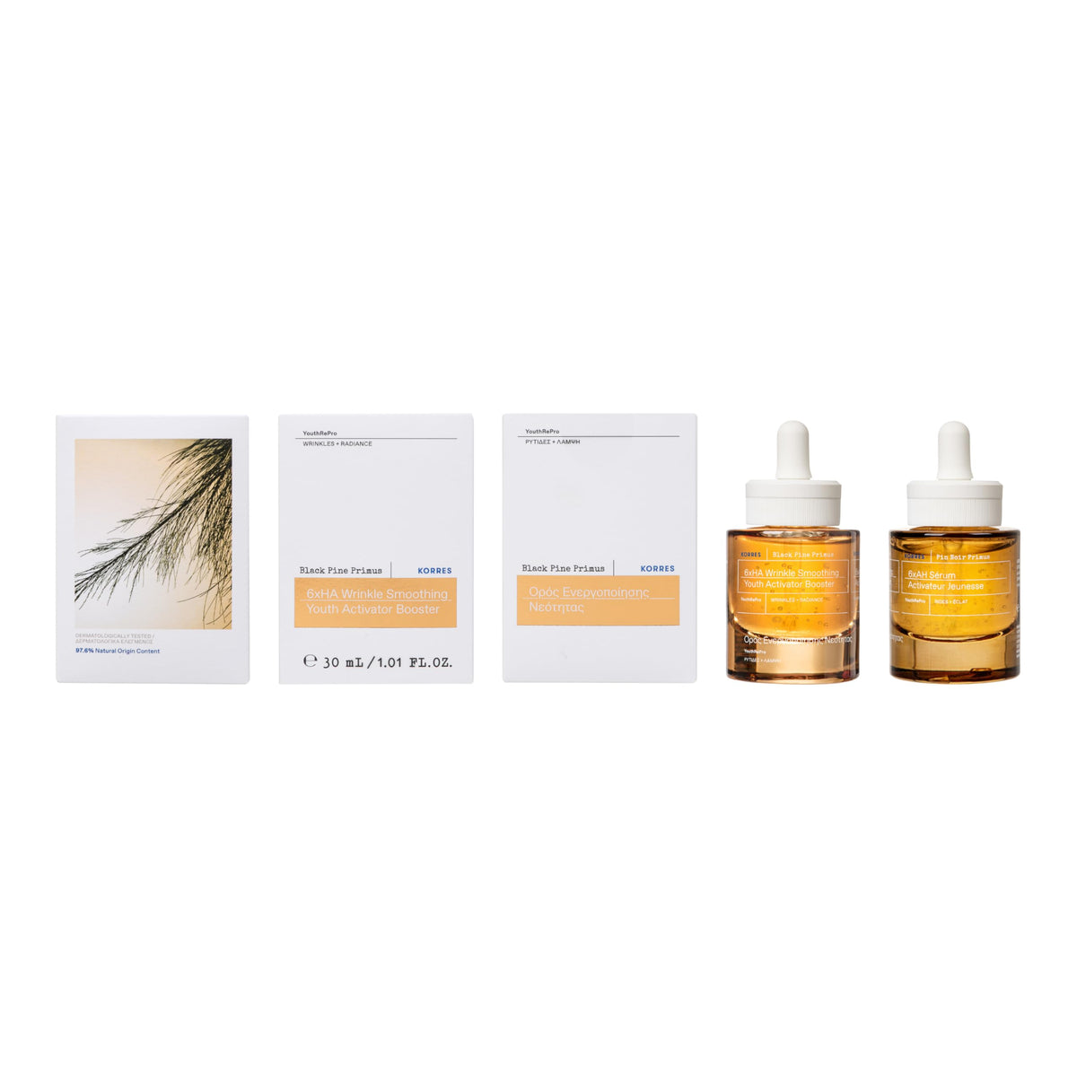 KORRES bottle set against pine branches evoking antioxidant-rich forest benefit