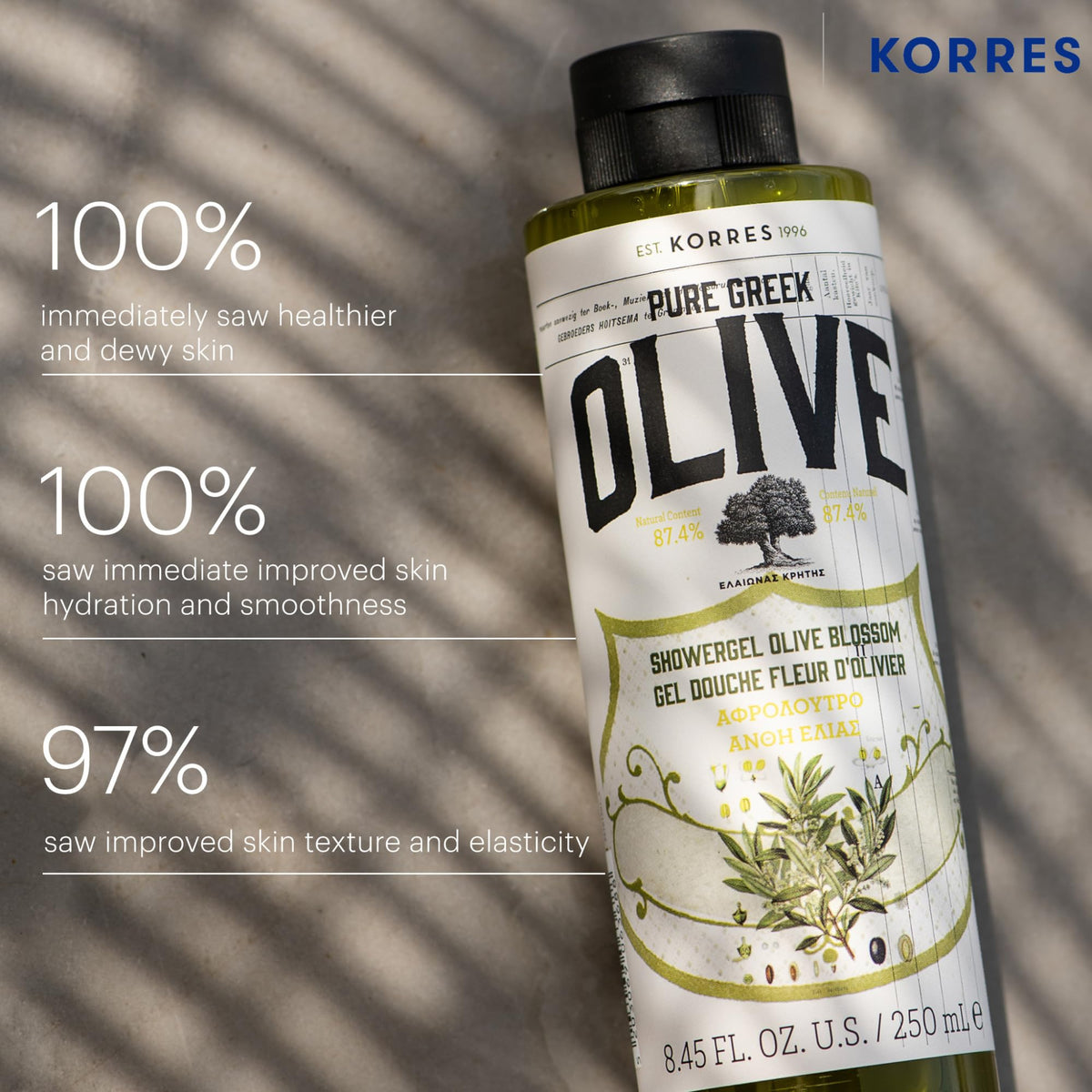 KORRES body wash in use in shower demonstrating easy rinse and softness