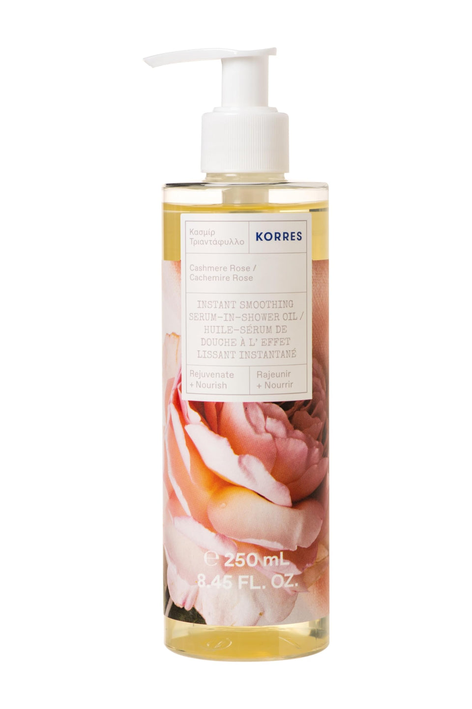 KORRES front packaging of in-shower serum oil showing product and elegant rose scent
