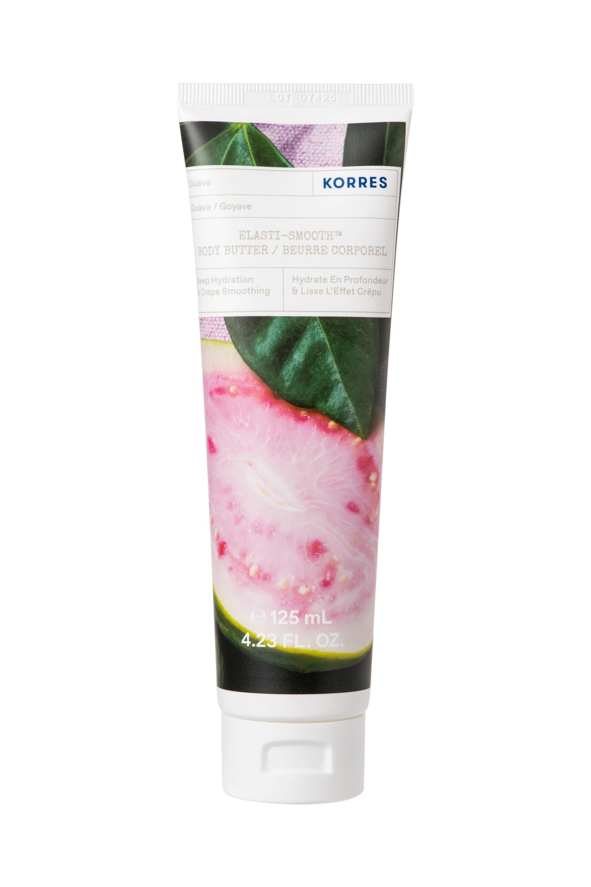 KORRES front jar of Elasti-Smooth Body Butter showing label and guava fragrance for nourishing hydration