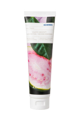KORRES front jar of Elasti-Smooth Body Butter showing label and guava fragrance for nourishing hydration