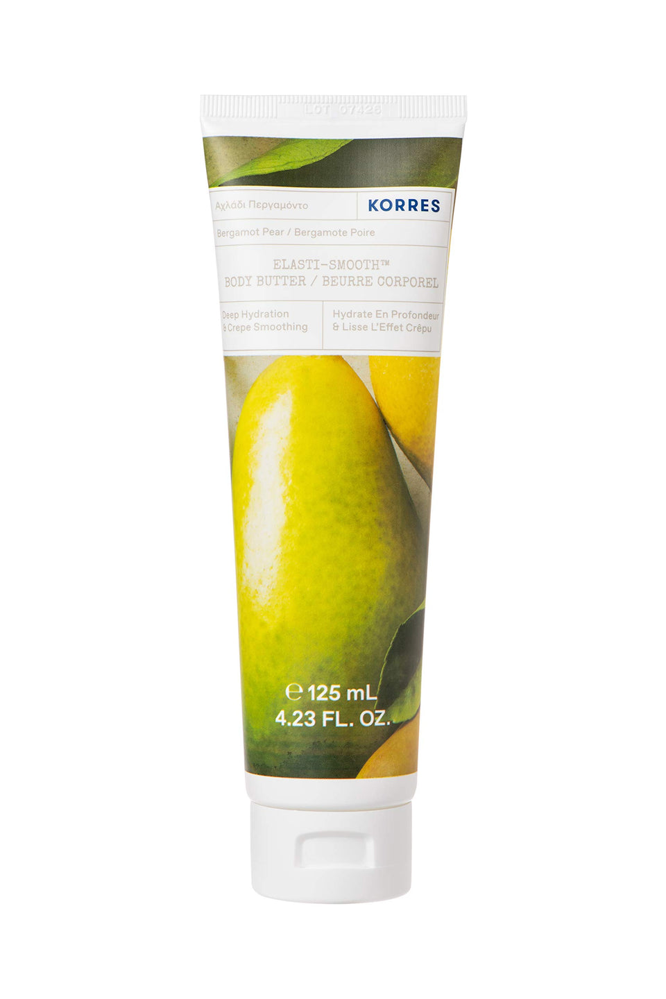 KORRES front packaging of Elasti-Smooth Body Butter showing label and size, highlights nourishment