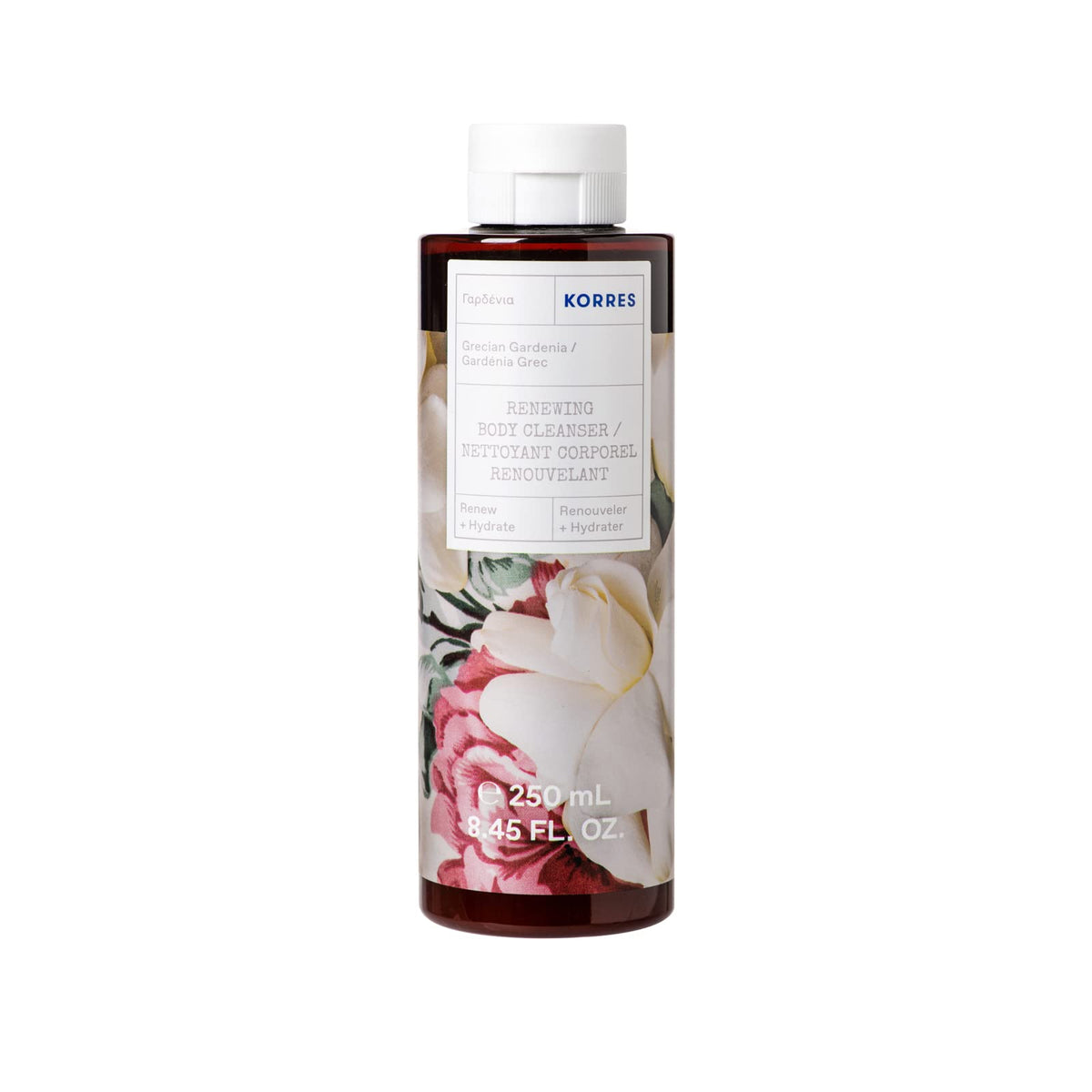 KORRES front packaging of Grecian Gardenia cleanser showing bottle and label, conveys premium care