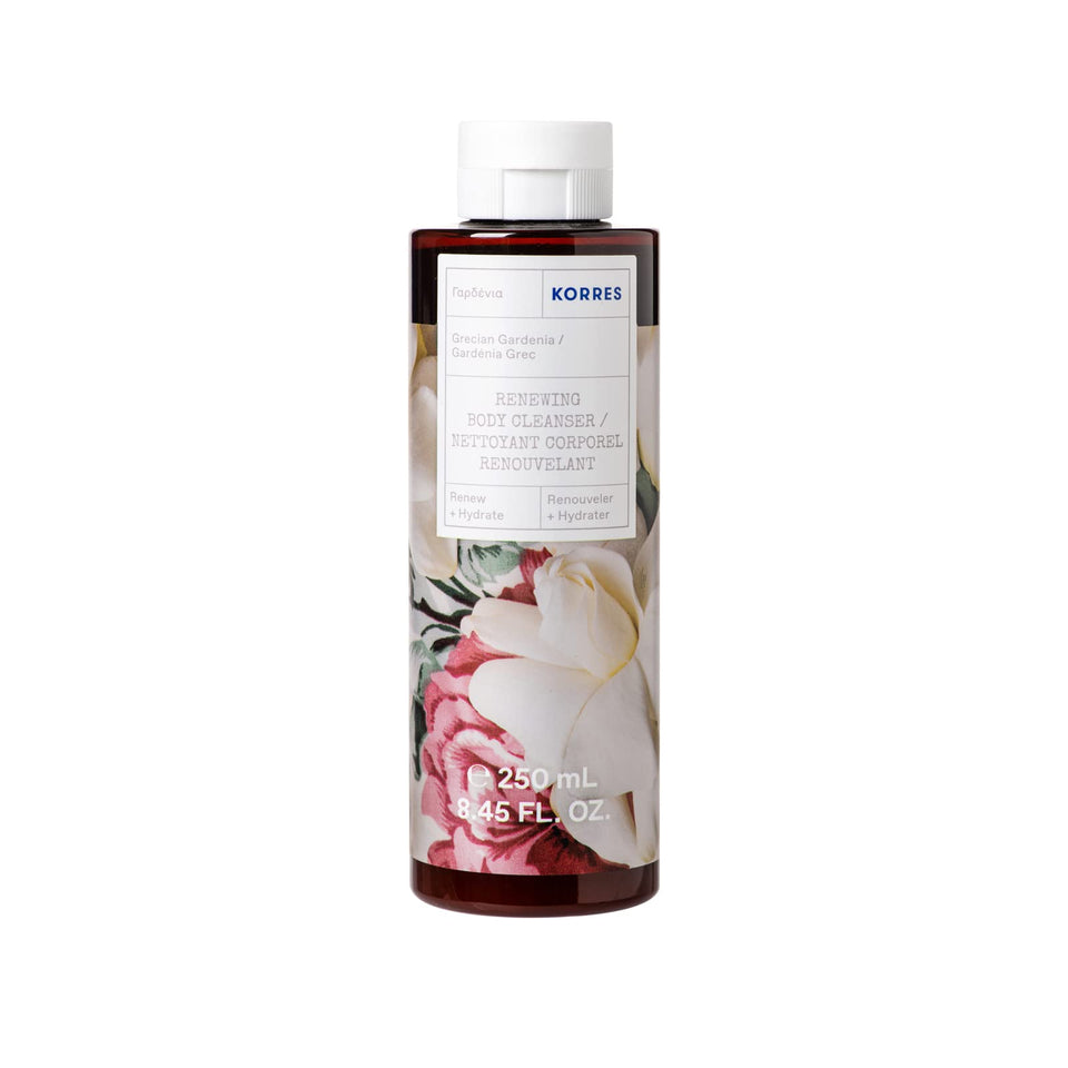KORRES front packaging of Grecian Gardenia cleanser showing bottle and label, conveys premium care