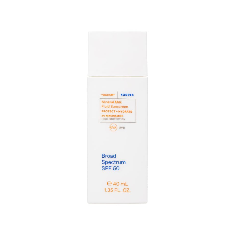 KORRES front packaging showing travel-size sunscreen and SPF benefit