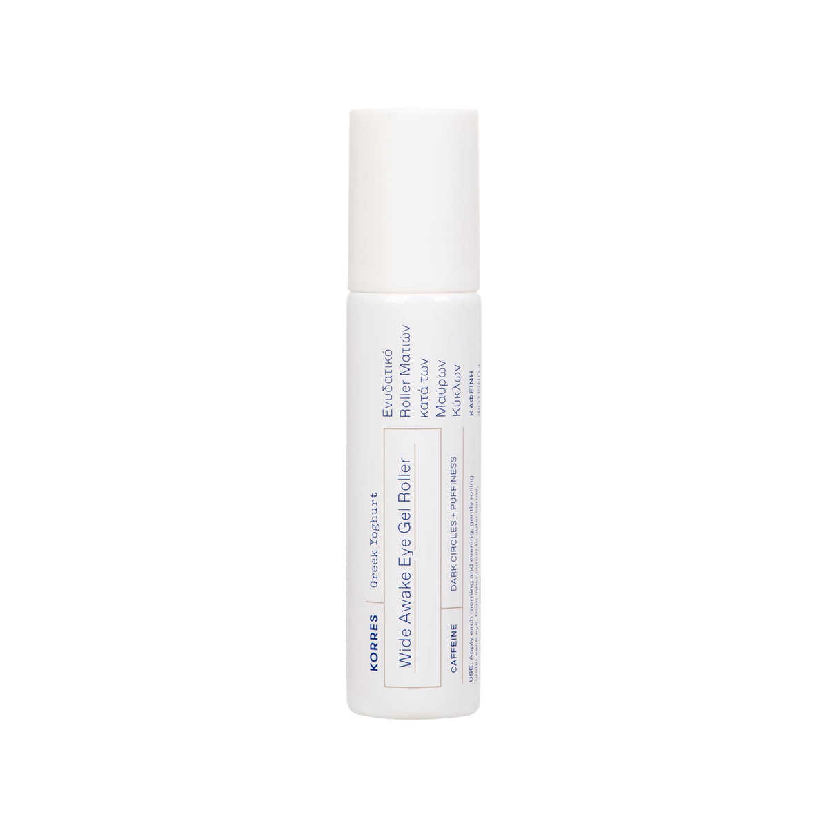 KORRES front packaging of Wide Awake Eye Gel showing roller and label for travel-friendly use