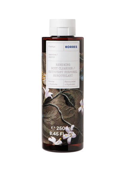 KORRES jasmine foaming shower gel front packaging showing bottle and label, promotes gentle moisturizing