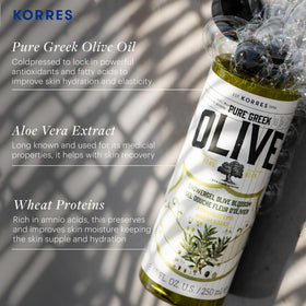 KORRES label detail with olive blossom scent and ingredient clarity benefit