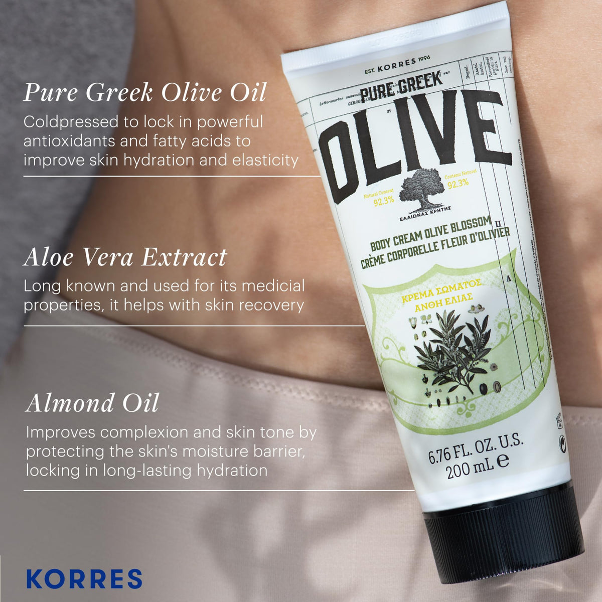 KORRES applying lotion on arm illustrating hydration and fast-absorbing finish