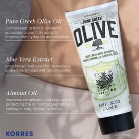 KORRES applying lotion on arm illustrating hydration and fast-absorbing finish