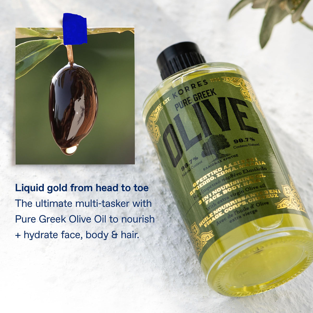 KORRES applied to hair ends demonstrating shine and frizz reduction benefits