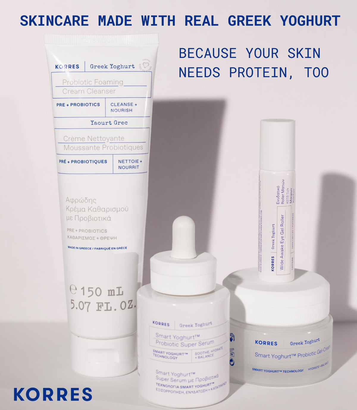 KORRES product on bathroom shelf in lifestyle setting promoting daily skincare routine