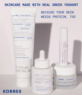 KORRES product on bathroom shelf in lifestyle setting promoting daily skincare routine