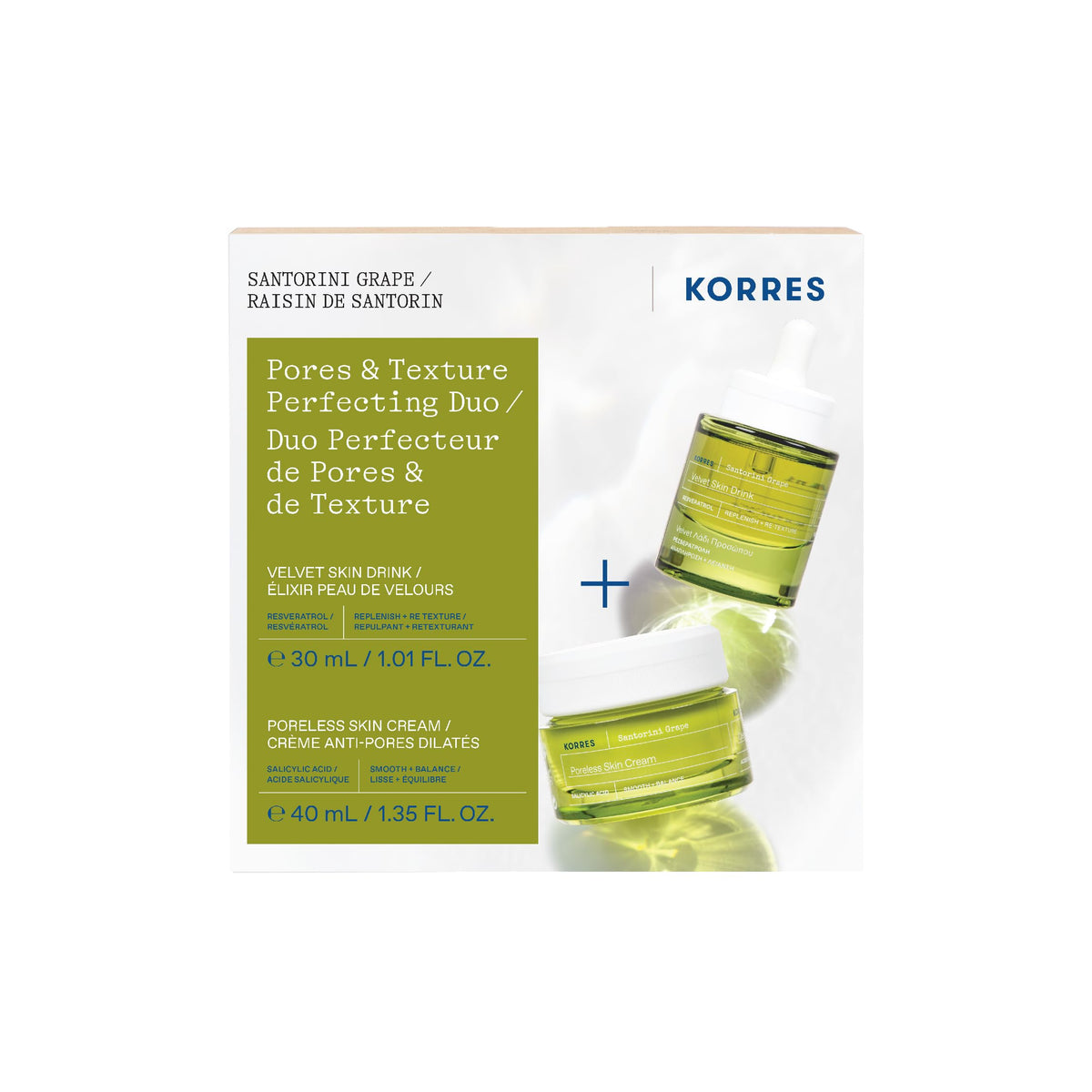 KORRES Santorini Grape set front packaging showing both products and eco jar benefit