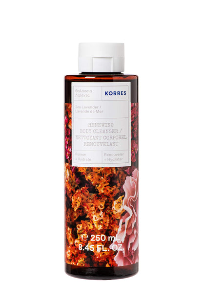 KORRES bottle front packaging showing sea lavender fragrance and clean design benefit