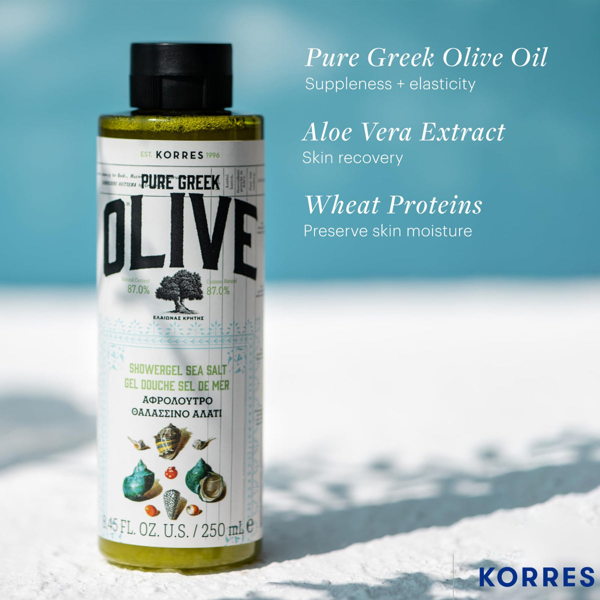 KORRES shower gel bottle staged in bathroom setting suggesting hydrated, healthy-looking skin
