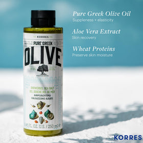 KORRES shower gel bottle staged in bathroom setting suggesting hydrated, healthy-looking skin