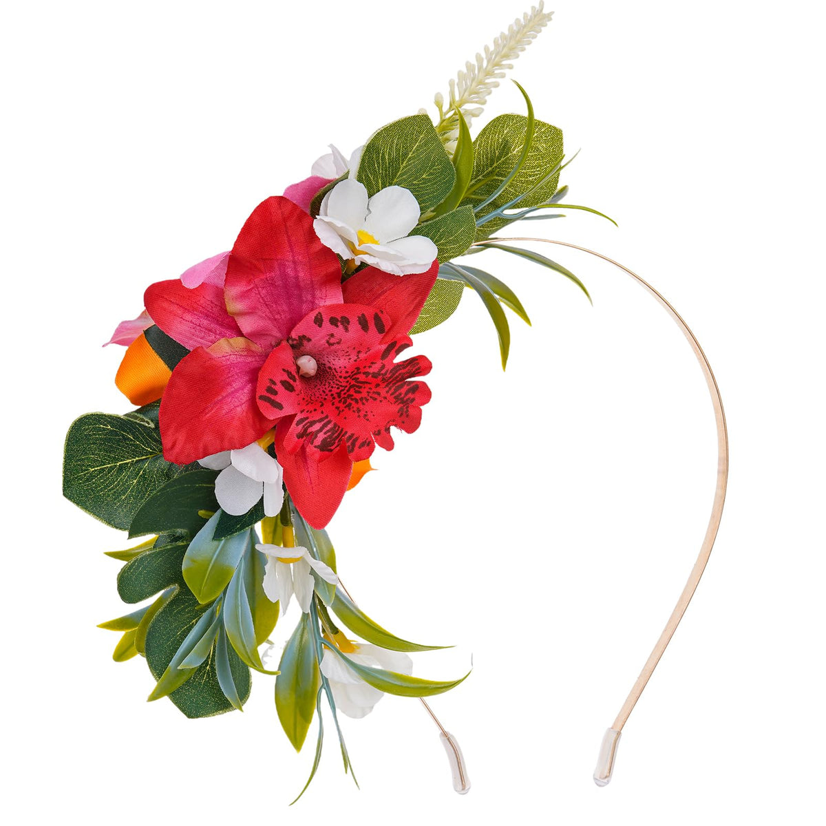 KorViSHOW front view of flower crown showing vibrant orchids and island style