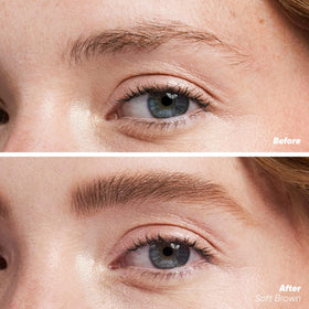 Kosas Air Brow wand and precision spoolie demonstrating even application