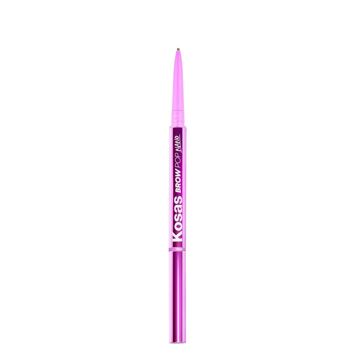 Kosas Brow Pop Nano front packaging shows compact pencil and clear benefit of portability