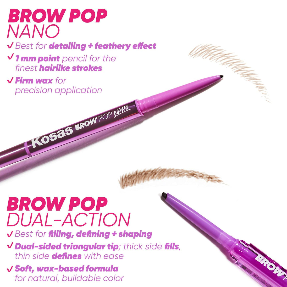 Kosas Brow Pop packaging label focused to highlight vegan, fragrance-free formula