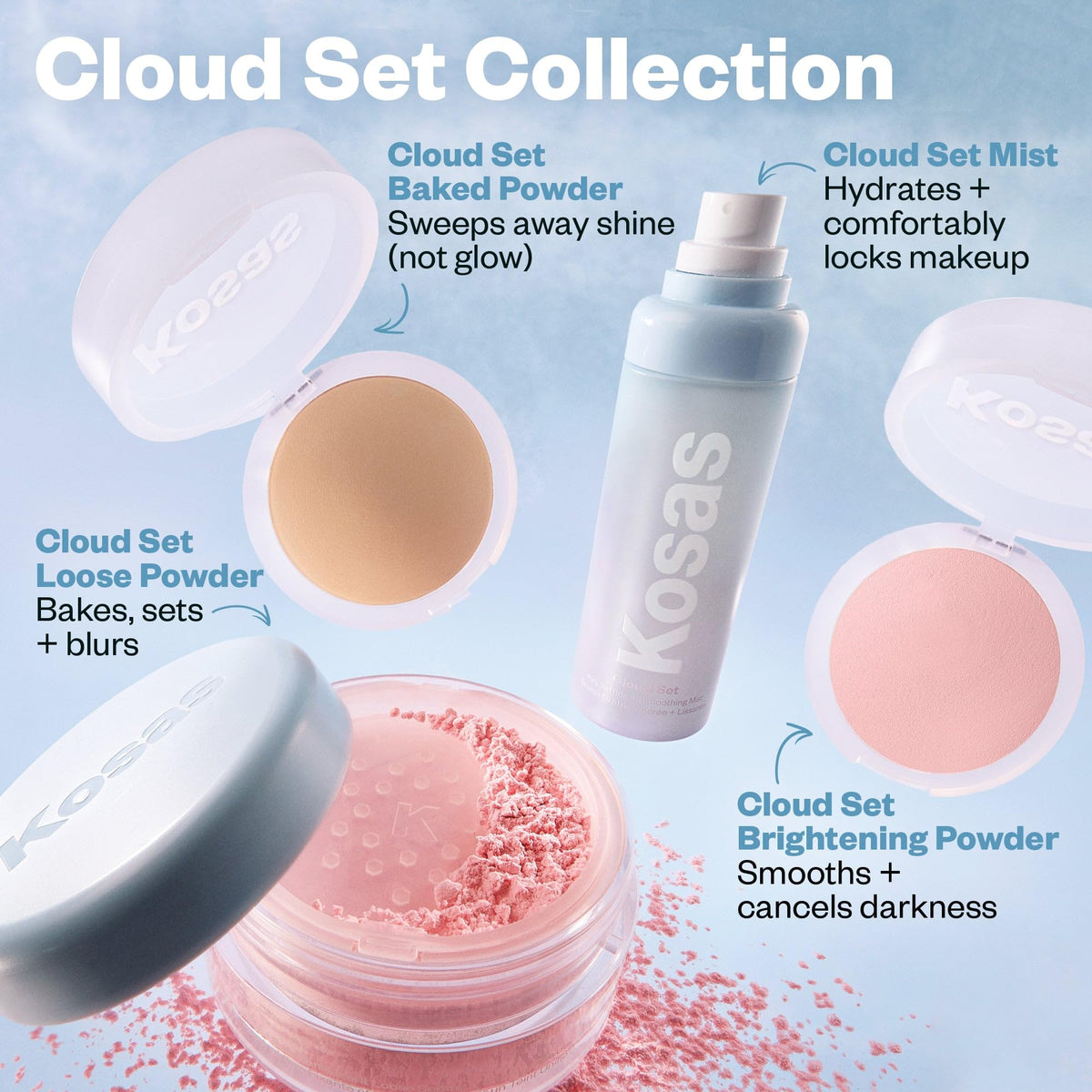 Kosas Cloud Set being applied near eye area, safe gentle mist for sensitive skin