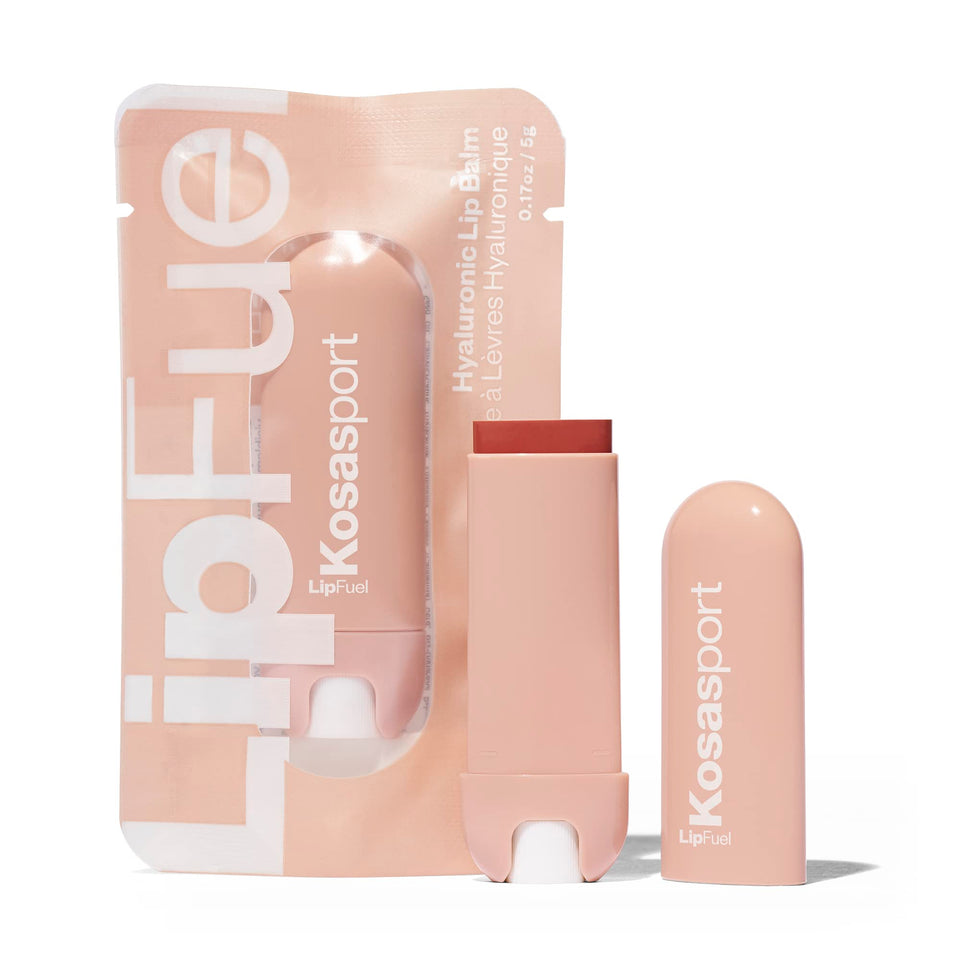 Kosas front packaging of Flow shade showing compact lip-shaped tube and portable benefit