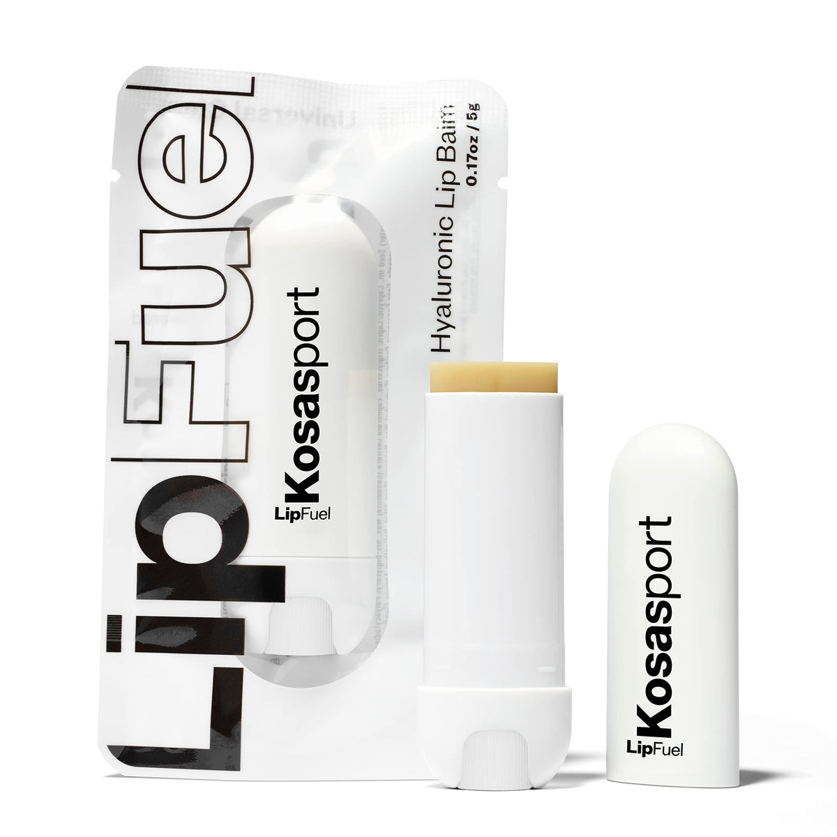 Kosas front packaging showing sleek sport lip balm, highlights portability and clean formula