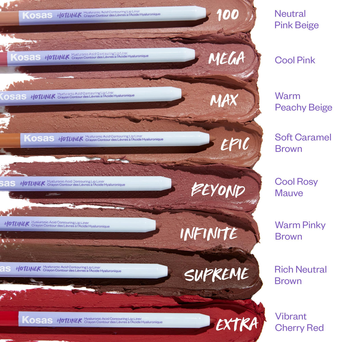 Kosas Hotliner row of shades illustrating range to flatter many skin tones