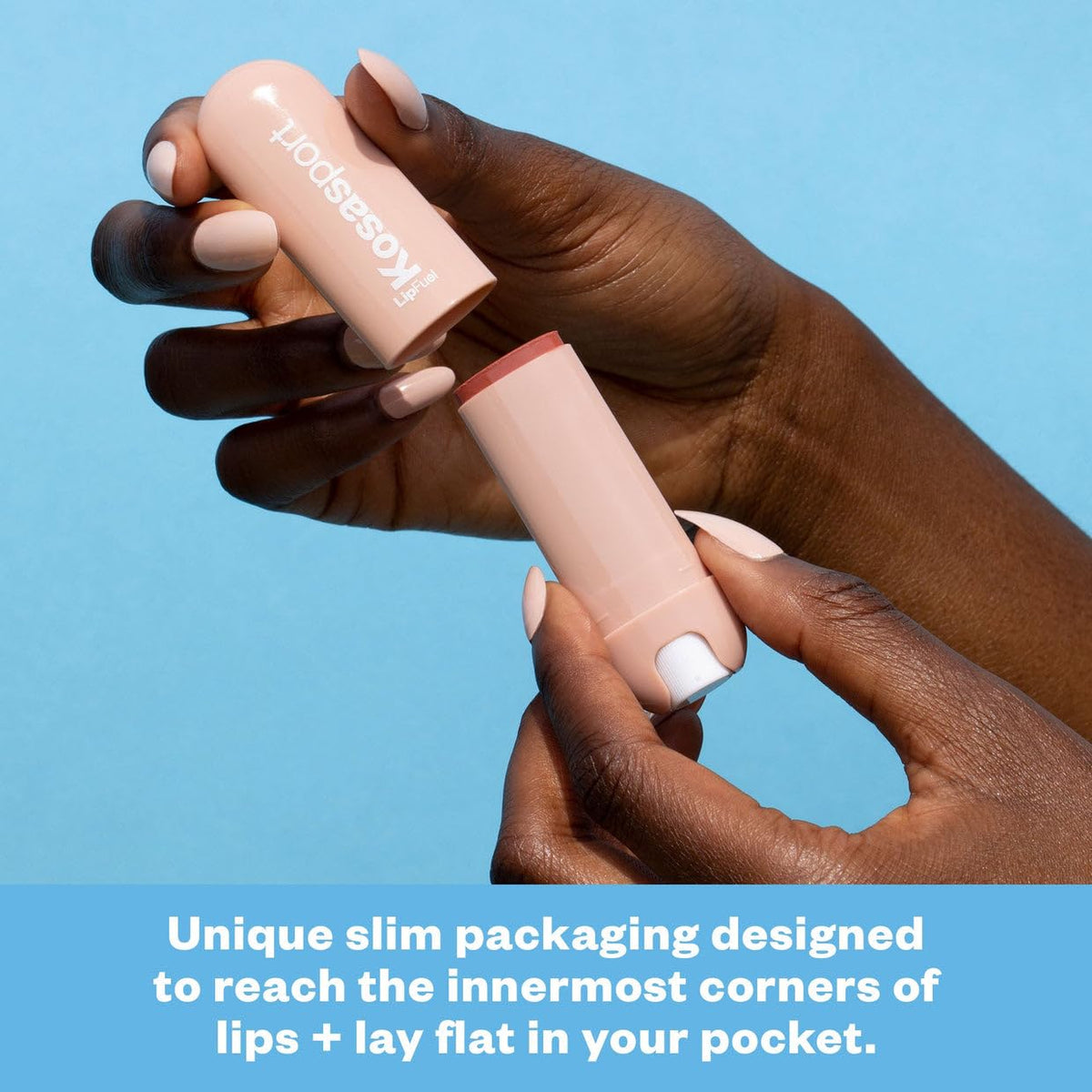Kosas product in hand showing pocket-sized scale for easy on-the-go convenience