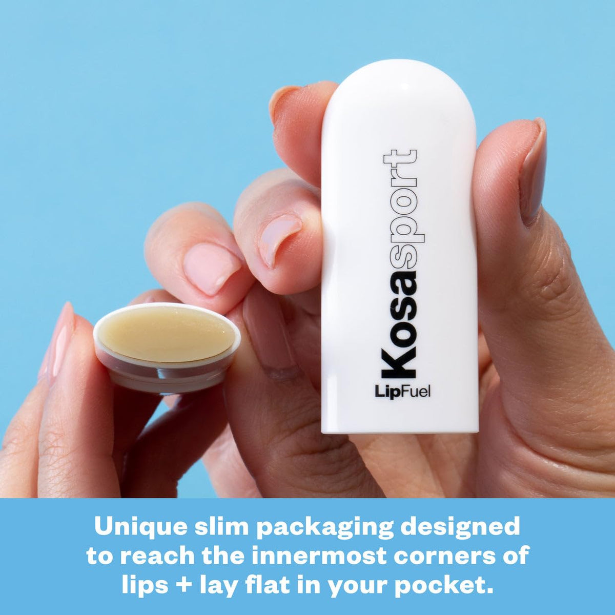Kosas lip swatch on model illustrating clear finish and natural hydrated sheen