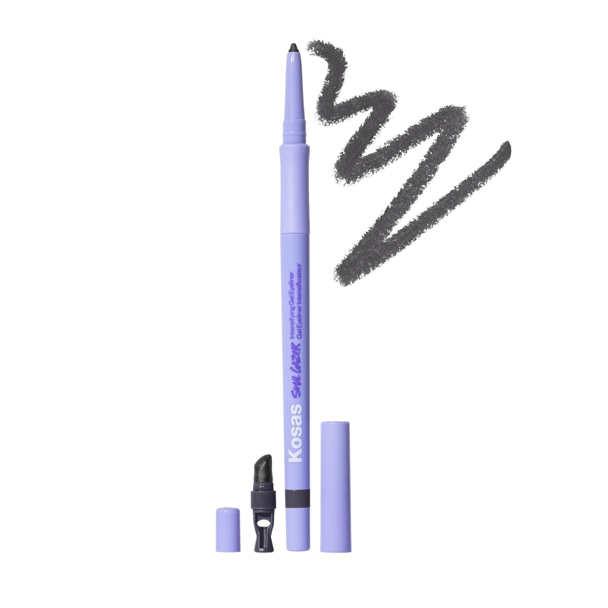 Kosas Soulgazer front packaging showing pencil and cap for easy identification and travel
