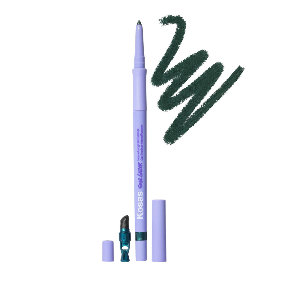 Kosas Soulgazer front packaging showing emerald green pencil and benefits