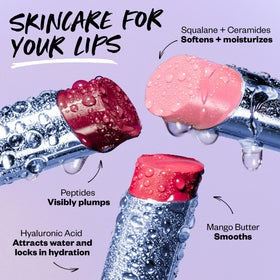 Kosas Wet Stick swiped on lips showing sheer rosy tint and hydrated finish