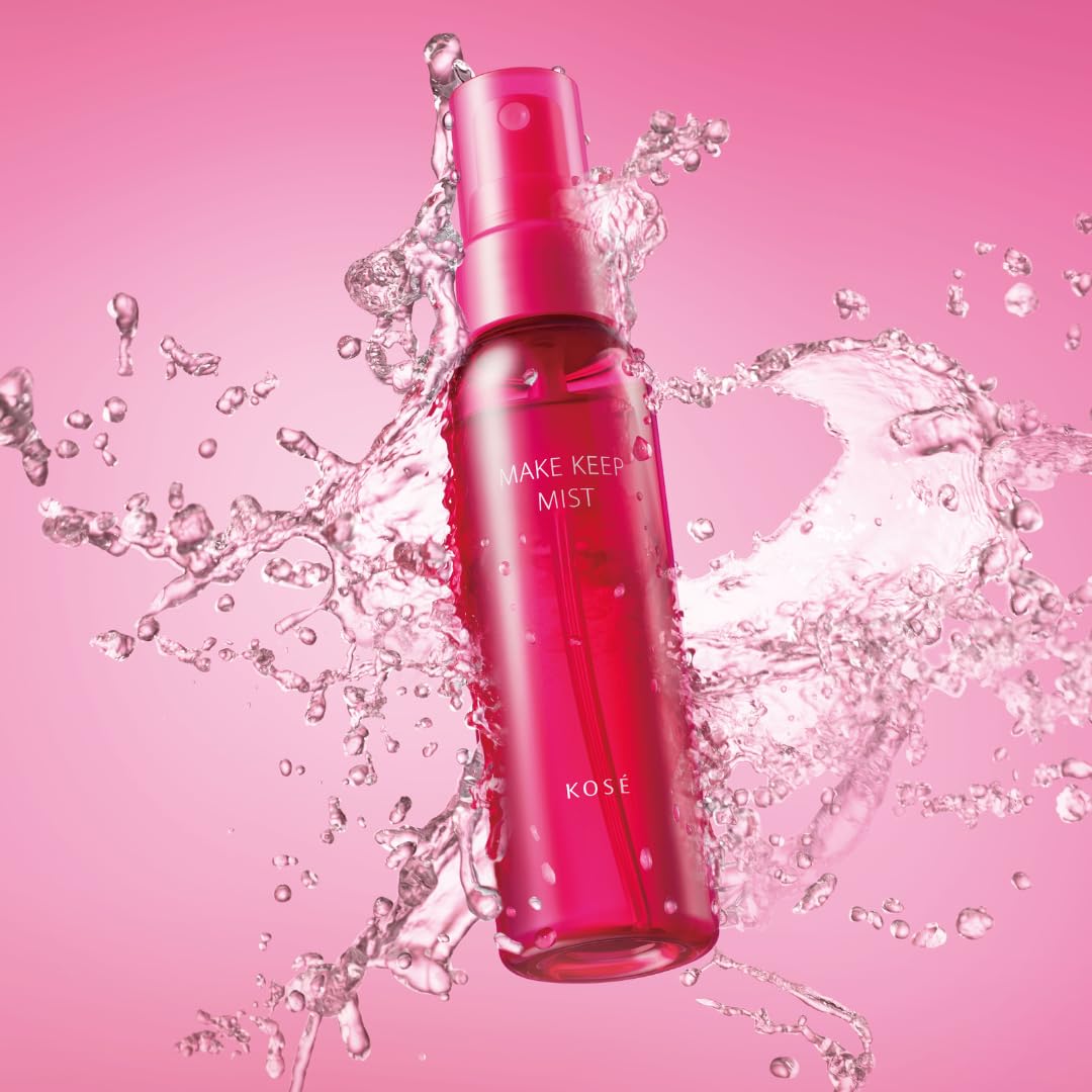 Kose bottle on vanity with makeup tools, suggests lasting makeup refresh benefit