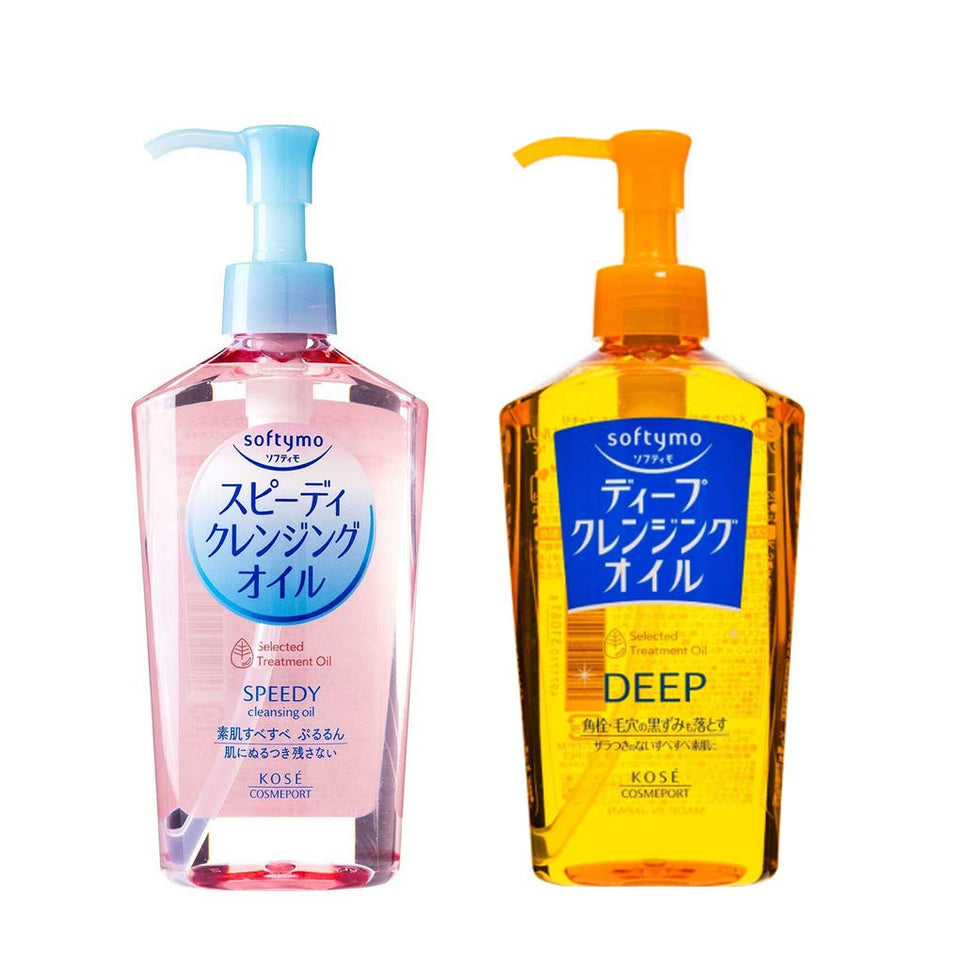 Kose Softymo front packaging showing two 230ml bottles and clear labeling for fast cleansing