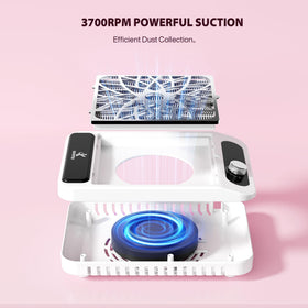 Kouzitop in use on a manicure table capturing dust, improves salon cleanliness