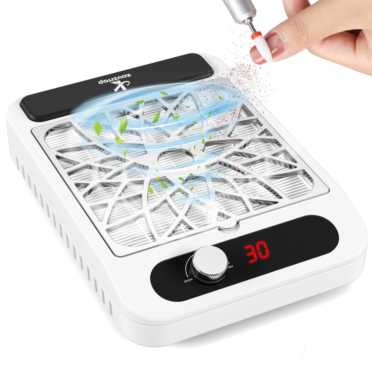 Kouzitop placed on a salon desk with tools, creates a quieter professional setting