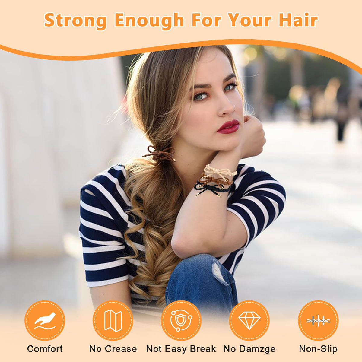KOVOLITU hair tie next to hand to show scale and flexible 7.5-inch diameter