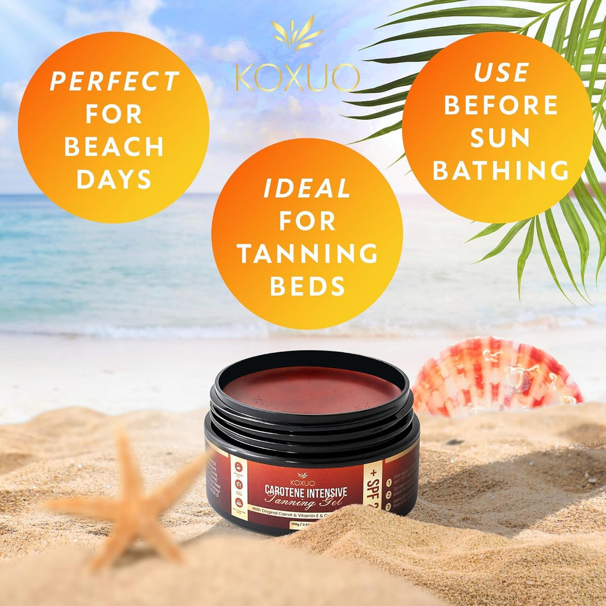 KOXUO applied on skin at beach demonstrating deeper tan development and moisturized look