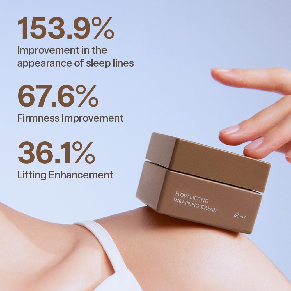KOY cream applied to cheek demonstrating lifting motion and hydrated skin benefit