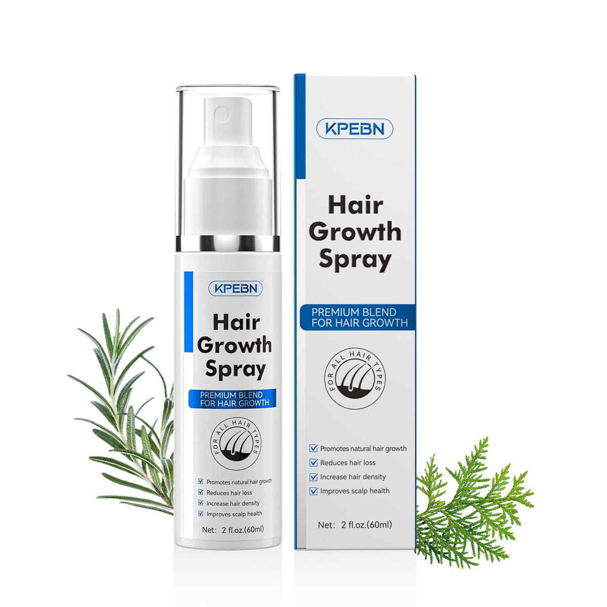 KPEBN front packaging showing the hair growth spray bottle and benefits