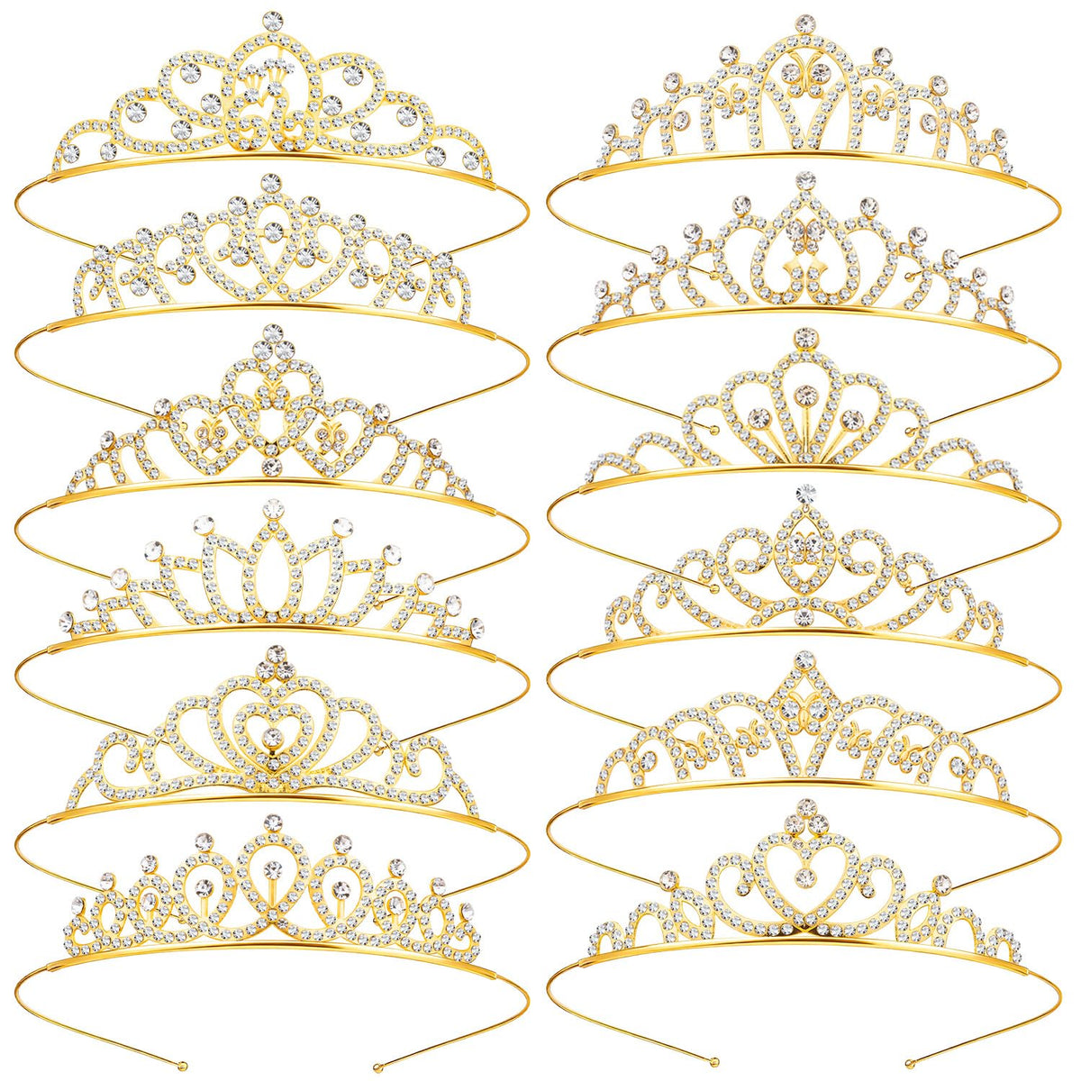 KQYSLXG front view of all twelve gold crystal crown headbands showing variety and sparkle