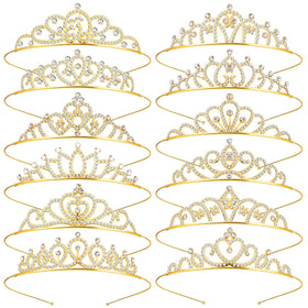 KQYSLXG front view of all twelve gold crystal crown headbands showing variety and sparkle