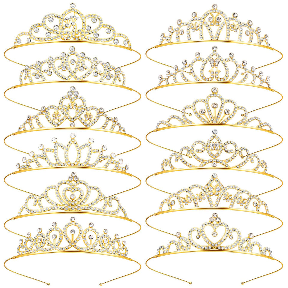 KQYSLXG front view of all twelve gold crystal crown headbands showing variety and sparkle